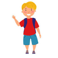 A cute blond boy with a backpack waves his hand.
