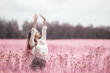 pink field girl freedom, nature springtime summer nature portrait
