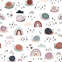 Fototapeta premium Rainbow snails in the rain seamless pattern. Summer nursery vector background in earthy trending colors. Hand-drawn childish naive illustrations in a simple Scandinavian style in a limited palette