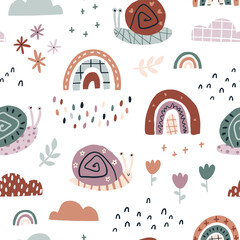 Fototapeta premium Rainbow snails in the rain seamless pattern. Summer nursery vector background in earthy trending colors. Hand-drawn childish naive illustrations in a simple Scandinavian style in a limited palette