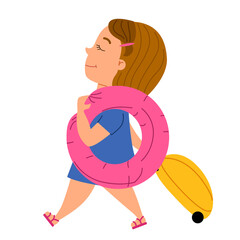 A cute girl comes with a suitcase and a pink swimming circle.