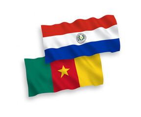 National vector fabric wave flags of Paraguay and Cameroon isolated on white background. 1 to 2 proportion.