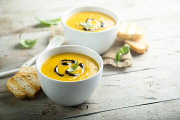 Traditional homemade pumpkin or carrot soup
