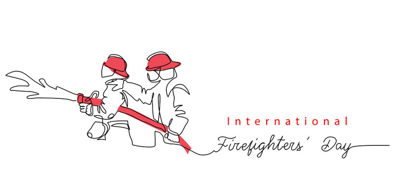 Two Fireman With Hose In Red Helmets. Lettering International Firefighters Day.One Continuous Line Drawing Vector Illustration Of Fireman