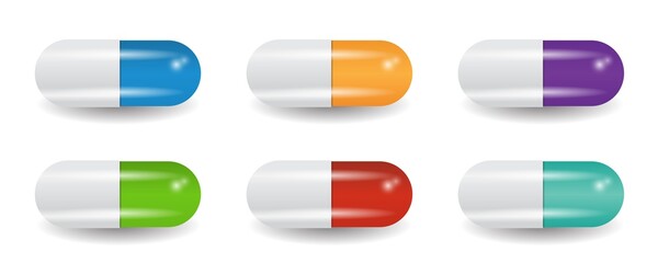 Collection of multicolored capsules pills. Medicine objects. Set of vectors