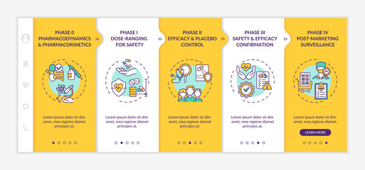 Naklejka premium Clinical investigation phases onboarding vector template. Responsive mobile website with icons. Web page walkthrough 5 step screens. Pharmacokinetics, efficacy color concept with linear illustrations