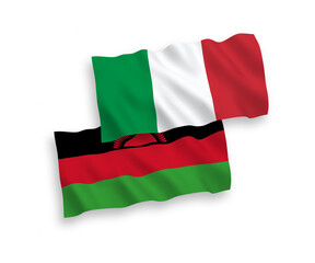 National vector fabric wave flags of Italy and Malawi isolated on white background. 1 to 2 proportion.