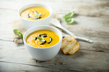 Traditional homemade pumpkin or carrot soup