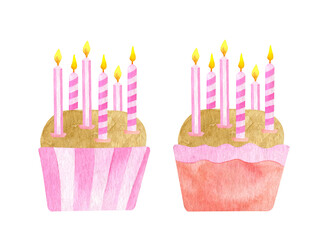 Cute Birthday cupcakes with six candles. Hand painted watercolor biscuit cakes in pink baking cups. Party dessert ilustration isolated on white background. Baby girl 6th Birthday celebration cakes