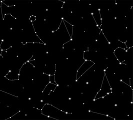 Starry sky with constellations of astrology zodiac signs.