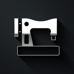 Silver Sewing machine icon isolated on black background. Long shadow style. Vector