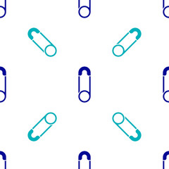 Blue Classic closed steel safety pin icon isolated seamless pattern on white background. Vector