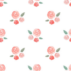 Cute watercolor pattern with tender roses and green leaves on white background, pink roses, pattern for fabric, clothes, paper products etc.