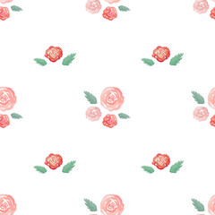 Beautiful watercolor pattern with delicate roses and green leaves on white background, pink and red roses, pattern for fabric, clothes, paper products etc.