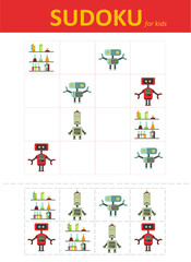 Fototapeta premium Sudoku for kids. Children's puzzles. Educational game for children. cute robots