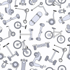 Electric transport - Vector color background (seamless pattern) of scooter, skate, skateboard and bike for graphic design