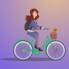 Art & Illustration character of girl riding a bicycle in cartoon style vector
