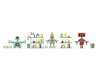 Naklejka premium Cartoon robots. Vector illustration of robotics for children.