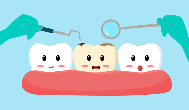 Dentist check up caries tooth with tool and mirror in flat design. Cute cartoon of cavity tooth. Dental clinic.