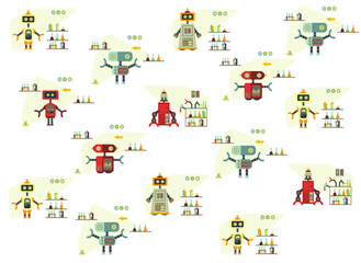 pattern with different cute cartoon robots.