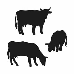 Vector set. Silhouettes of grazing cows on a white background isolated. Livestock, farm, farming.