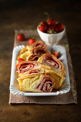 Homemade strawberry vanilla pastry roll