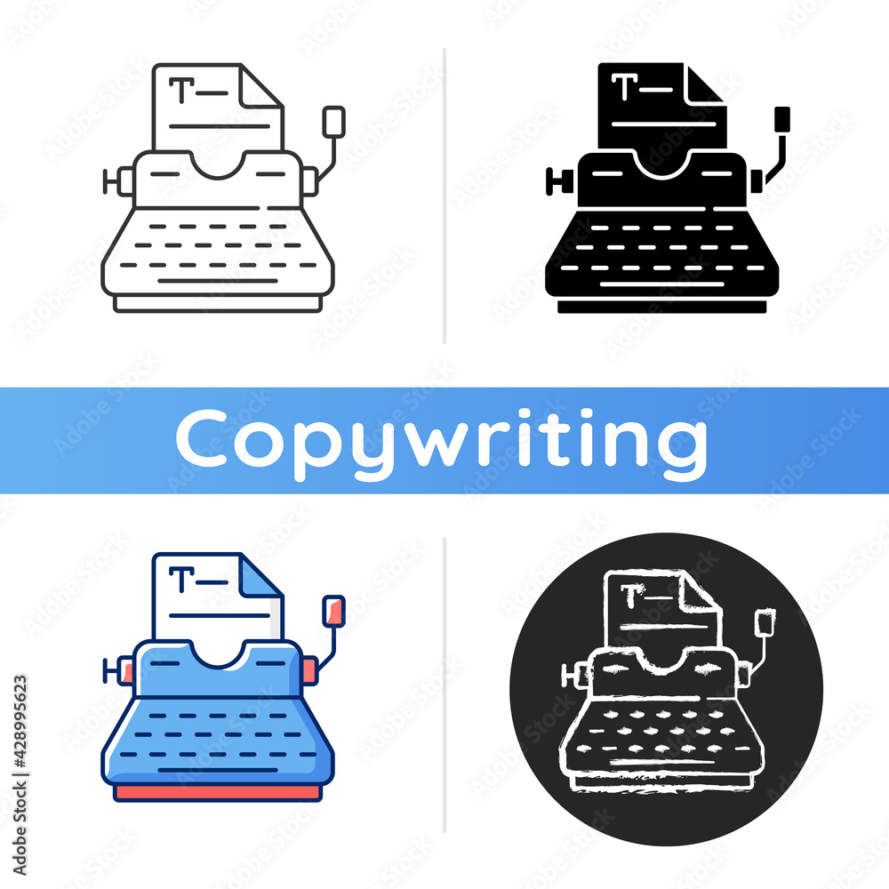 Poster typewriter icon. copywriting services. professional journalism. printing sheets. typing on keyboard.
