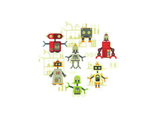 Cartoon robots. Vector illustration of robotics for children.