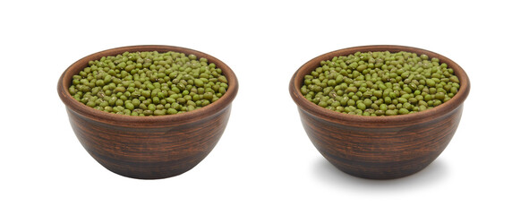 mung beans in clay bowl on white background, isolated and with shadow