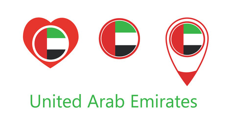 National flag of Arab Emirates, round icon, heart icon and location sign