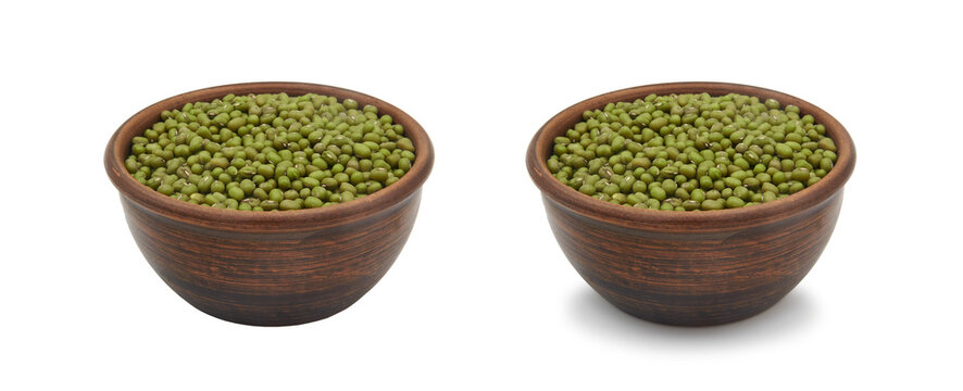 mung beans in clay bowl on white background, isolated and with shadow