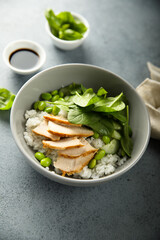 Healthy rice bowl with chicken and spinach
