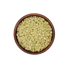 green lentils in clay bowl isolated on white background, top view