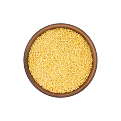 red millet in clay bowl isolated on white background, top view