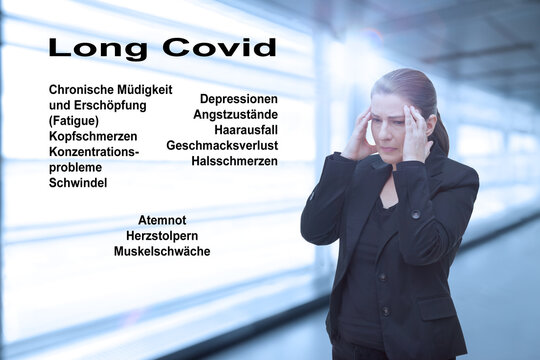 Symptome beim Long oder Post Covid Syndrom, wie Atemnot, Herzprobleme, Fatigue und Geschmacksverlust am Beispiel einer &auml;lteren Frau.