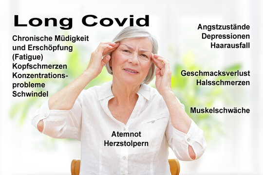 Symptome beim Long oder Post Covid Syndrom, wie Atemnot, Herzprobleme, Fatigue und Geschmacksverlust am Beispiel einer alten Frau.