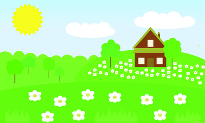 Dream farm house home on green hills and field of flowers in rural countryside cartoon vector landscape summer nature background wallpaper peaceful village