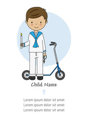 My first communion card. Boy with candle, crucifix and a scooter. Isolated vector