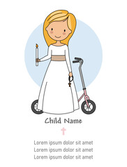 My first communion card. Girl with candle, crucifix and a scooter. Isolated vector