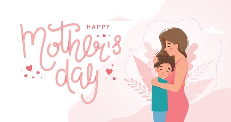 Mother s day greeting card. Mother and child hugging and lettering. Vector illustration concept in flat style