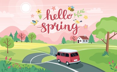 Spring road trip. Landscape with a cute car on the road and lettering. Vector illustration in flat style