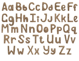 Light brown beige rope alphabet made from environmentally friendly natural material 
with upper and lower case letters