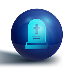 Blue Grave with tombstone icon isolated on white background. Blue circle button. Vector