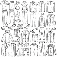 sketch hand drawn set of mens clothing, collection