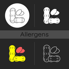 Peanut dark theme icon. Nut for nourishment. Nutrient diet, food ingredient. Common allergen, cause of allergy. Linear white, simple glyph and RGB color styles. Isolated vector illustrations