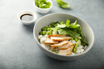 Healthy rice bowl with chicken and spinach