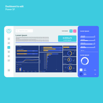 Data analytics. Power bi. Dashboards with graphs. Bars. Diagrams. EPS10