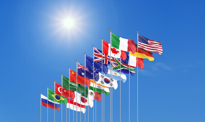 Waving flags countries of members Group of Twenty. Big G20, in Rome, the capital city of Italy, on 30–31 October 2021. 3d Illustration. Isolated on sky background.
