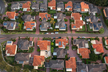 Aerial view of an average Australian urban neighbourhood, outer Sydney suburb, Australia.