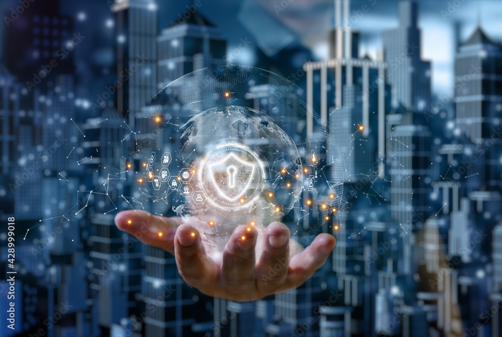 Poster shield icon and hud in hands of cyber security in smart city, digital data network protection, techn